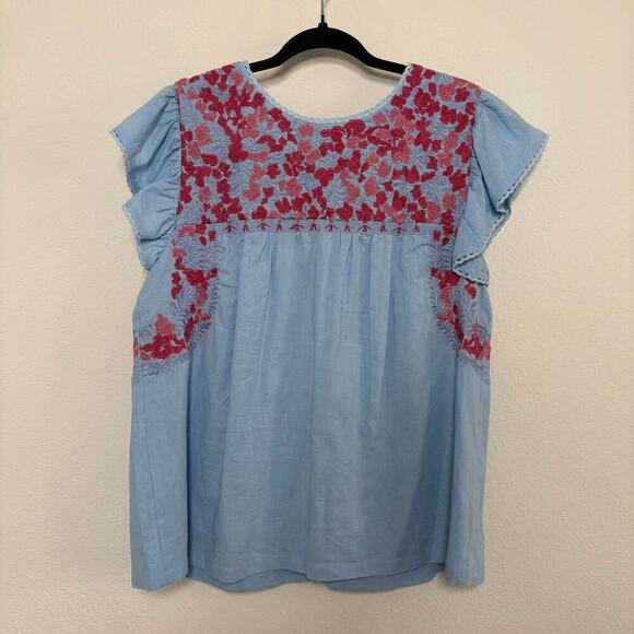 J Marie Embroidered Raelyn Top Blue Pink Flutter Sleeves Size M - Picture 2 of 6